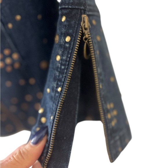 DG2 DIANE GILMAN EMBELLISHED DENIM BLUE ZIP MOTTO JACKET WITH ZIP FLARE SLEEVES - Picture 4 of 16